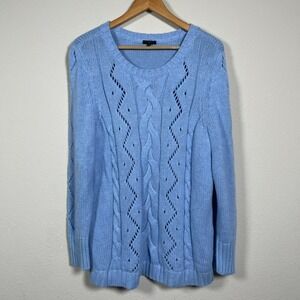 Talbots Plus Sweater Womens 1X Blue Cable Knit Pointelle Cotton Blend Crew Neck